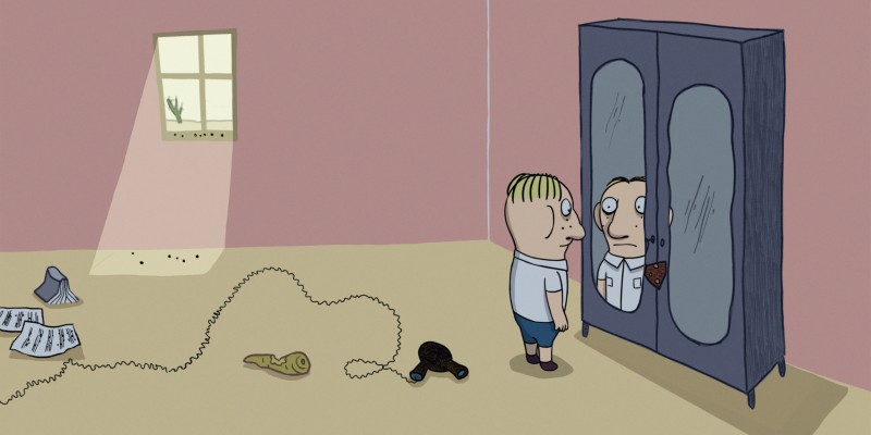 Mann vor dem Spiegelschrank stehend