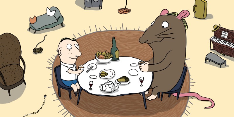 Mann und Ratte beim Teetrinken